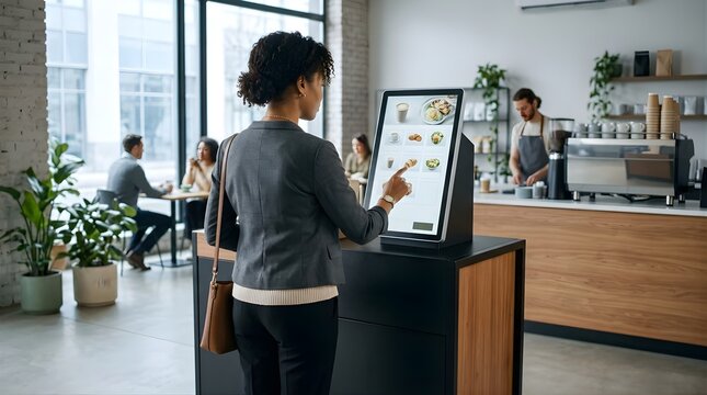 Professional woman using self-service kiosk to order food in a modern cafe