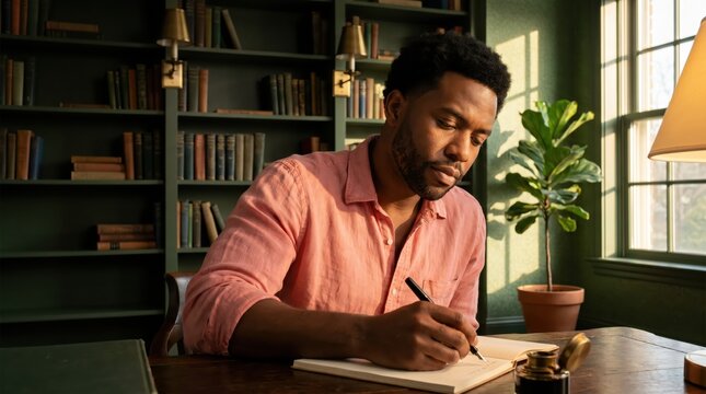 Generative AI, Man writing in a journal at a classic wooden desk in a study