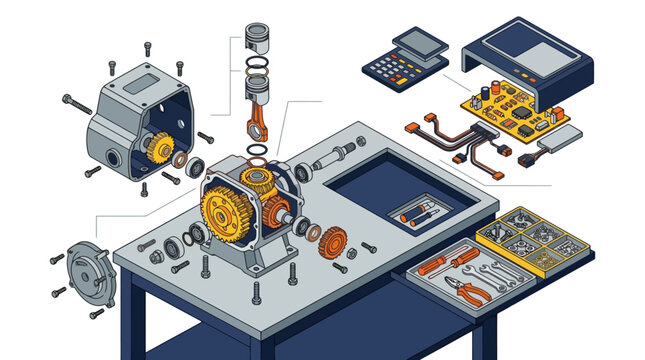 Isometric exploded view of mechanical engine assembly on workbench with tools and electronics. EPS Editable. Vector Illustrations.
