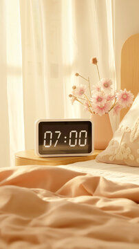 Cozy Sunlit Bedroom with Digital Alarm Clock at 7 AM