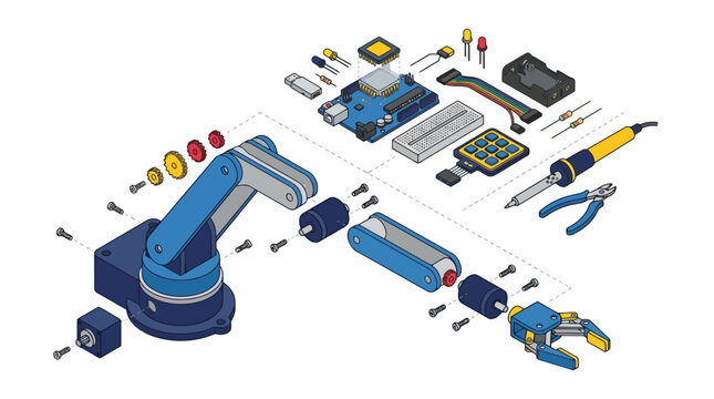 Isometric exploded view of robotic arm assembly kit with electronic components and tools. EPS Editable. Vector Illustrations.