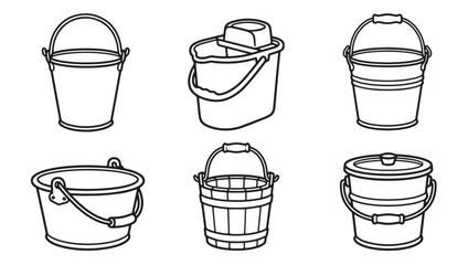 Obraz premium Household buckets and pails vector icon set with container cleaning household illustration monochrome domestic supplies equipment capacity industrial