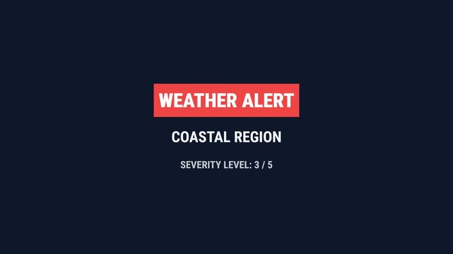 Dynamic Weather Alert Animation, displaying "COASTAL REGION" and "SEVERITY LEVEL: 3 / 5" with a red alert banner, symbolizing urgent warnings and potential danger for coastal communities