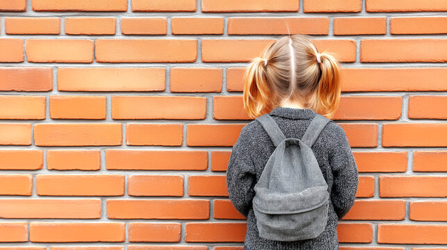Young Schoolgirl with Backpack Facing Brick Wall back view 