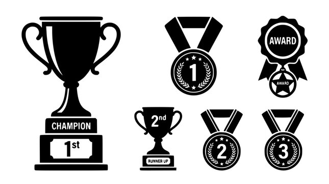 Trophy and medal silhouettes for first second and third place winners in competition