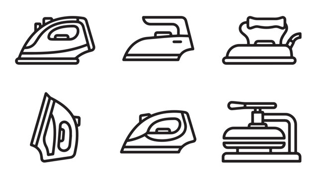 Collection of clothes irons and ironing equipment in simple line art vector design with appliance housework household electric pressing maintenance illustration monochrome collection cleaning