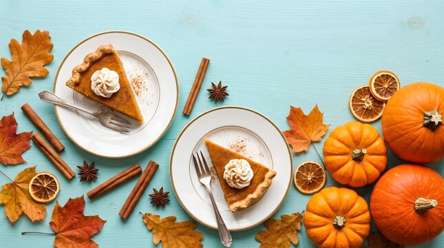 Autumnal pumpkin pie slices with whipped cream and fall decor