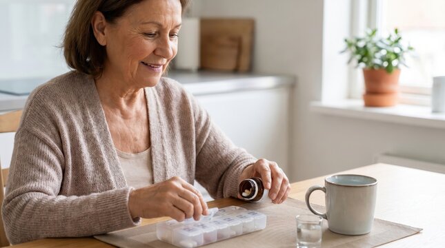 Senior Citizen Day: Woman Takes Medicine at Table