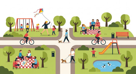 Fototapeta premium People in park. Families enjoying outdoor activities. Urban recreation.