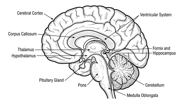 Cross section of human brain diagram with anatomical labels, medical neurology illustration, detailed scientific line art , stock vector