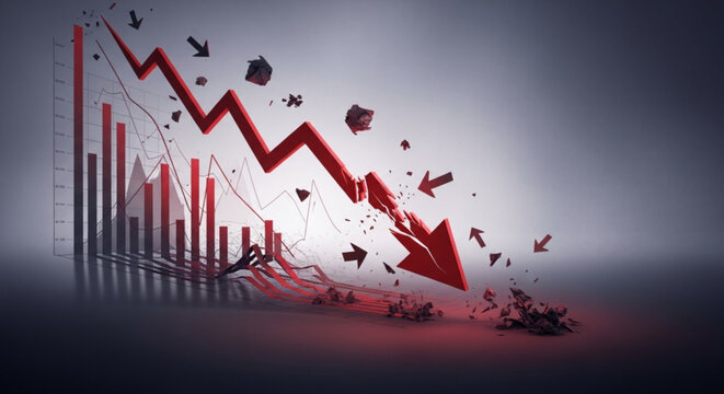 Red financial chart crashing. Market decline graph. Economic crisis concept.