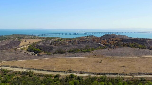 Kerch, Crimea. View of the new Crimean bridge. Fortress Kerch. Clear weather. Drone footage