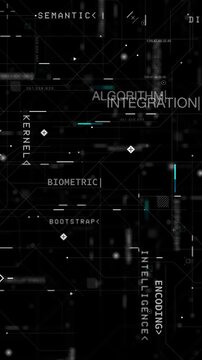 Vertical video Abstract futuristic digital interface featuring HUD elements, data visualization, geometric lines, and fictional technology terms for AI, cybersecurity, and sci-fi motion graphics