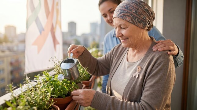 Woman Watering Plants on Balcony, Celebrating World Lungs Day