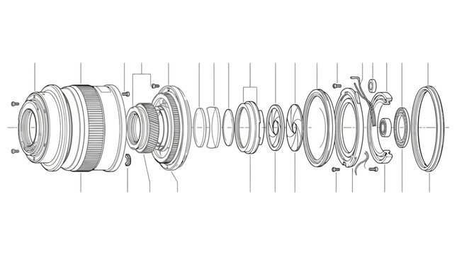 Technical exploded view diagram of camera lens components. EPS Editable. Vector Illustrations.