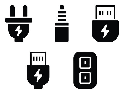 さまざまな電子充電プラグ USBコネクター 電源ソケットインターフェイスシンボルを表す白黒コレクション