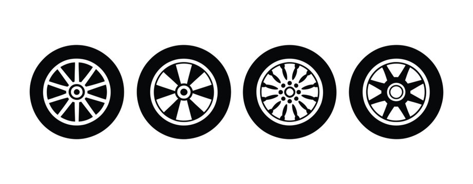 Car tire vector icon collection, black vehicle wheel and tread silhouettes, automotive tyre symbols, transportation and repair graphics, modern flat vector illustration isolated on white background.
