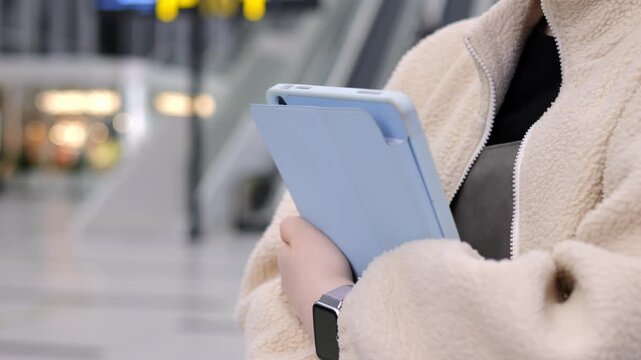 Person holds light blue tablet in airport. Wears beige coat and smartwatch. Background shows blurred travelers and escalators. Focus on hands and device. Modern travel tech in transit setting