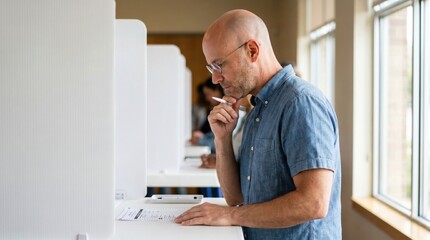 Fototapeta premium Thoughtful man pausing mid-thought while reviewing his ballot