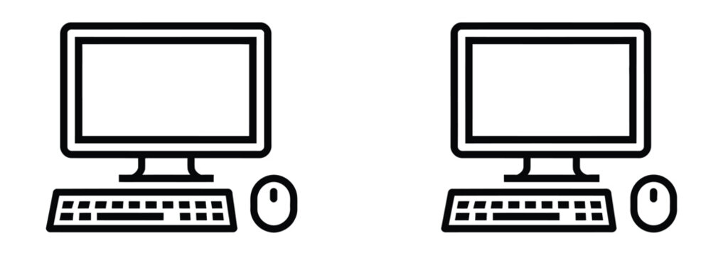 Computer icon collection featuring keyboard and mouse symbols in black with outline, fill and varied line weights modern desktop hardware graphics flat vector illustration isolated on white background