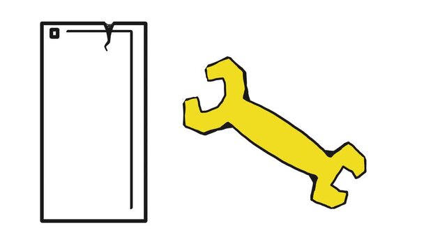 An animation of a broken smartphone with a sparkling crack. A wrench or repair tool moves nearby.