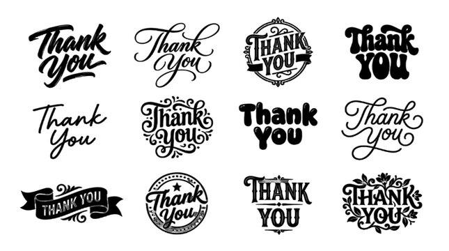 Collection of twelve creative thank you typography logos with diverse calligraphic lettering styles