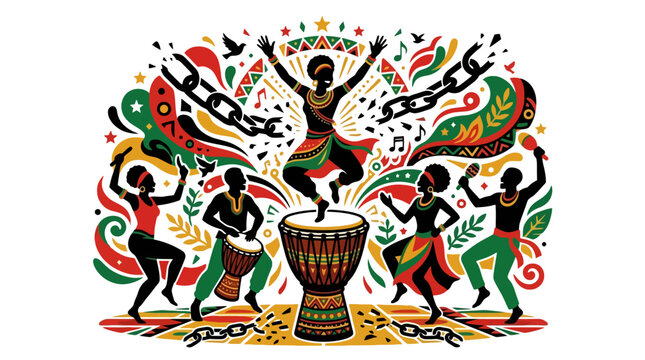 African Juneteenth Celebration Illustration with Dancers and Djembe Drum. EPS Editable. Vector Illustrations.