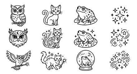 Naklejka premium Cute Witchy Animals and Magic Symbols - Owl, Cat, Frog Illustrations