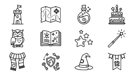 Fototapeta premium Fantasy Icons Collection: Castle, Map, Potion, Cake, Owl, Book, Stars, Wand, Scarf, Shield