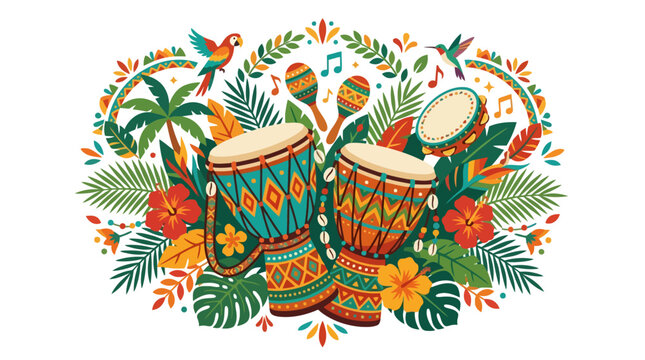 Colorful Tropical Djembe Drums Illustration with Exotic Flowers and Leaves. EPS Editable. Vector Illustrations.