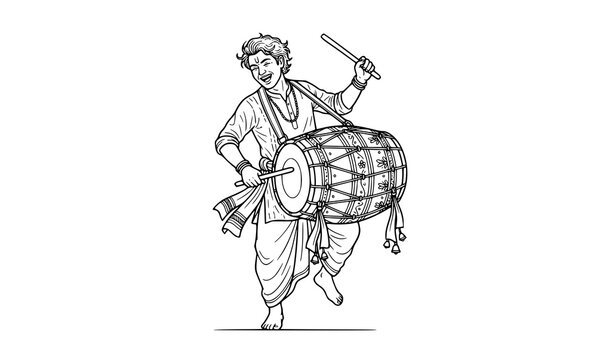 Happy Durga Puja Traditional Dhak Player Outline Vector Illustration