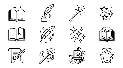 Magic icons: open books, feather pen, magic wand, stars, scroll, inkwell © Undur