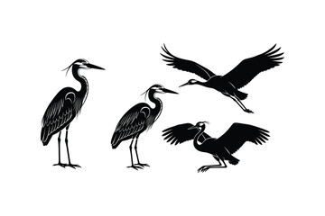 Obraz premium Black Heron Bird Silhouette Vector Set on White Background