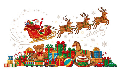 Fototapeta premium Santa Sleigh Flying Over Gift Boxes and Toys Christmas Vector Illustration