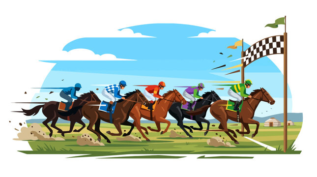Dynamic illustration of thoroughbred horses and jockeys racing towards the finish line. EPS Editable. Vector Illustrations.