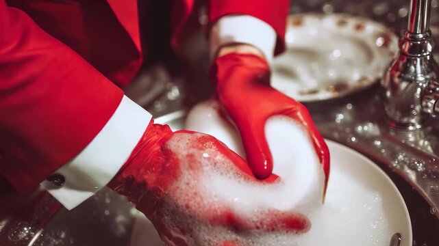 Closeup of hands in bright red gloves washing a white plate with soap suds in a kitchen sink. The scene captures the act of cleaning dishes with vibrant colors and dramatic lighting