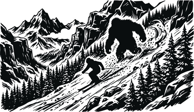 Black and White Vector Illustration of a Skier Downhill Skiing in the Snowy Mountains Chased by a Giant Mythical Yeti Sasquatch Bigfoot Creature, Action Winter Sport Scene Graphic Art