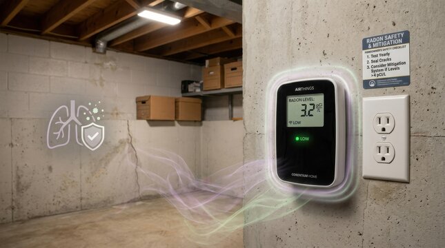 Automated indoor digital electronic radon gas detector sensor monitor panel mounted on utility basement wall grid