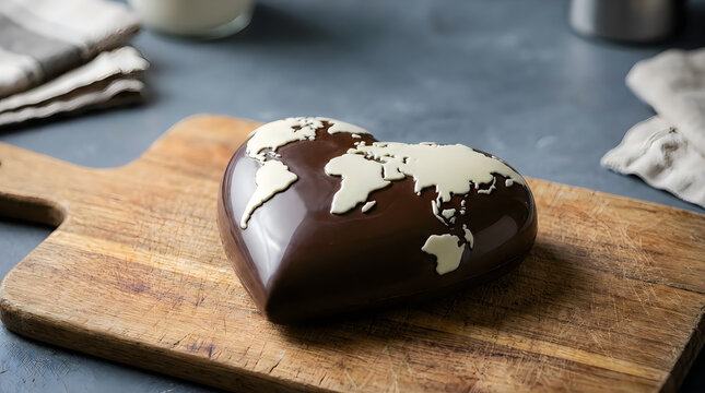 Chocolate heart shaped candy with world map relief on wood board