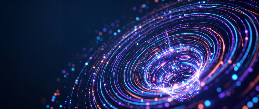 Abstract glowing particle vortex background with neon blue and purple light trails swirling into a deep cosmic tunnel, perfect for futuristic technology and science fiction designs