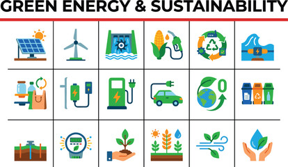 Green energy and sustainability flat icon set with solar panel wind turbine electric vehicle recycling eco agriculture vector illustration © RUKSANA