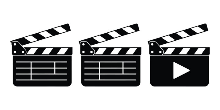 Clapperboard vector icon collection, movie slate and film production symbols, cinema director clap board graphics, filmmaking and video production elements, modern flat vector illustration isolated