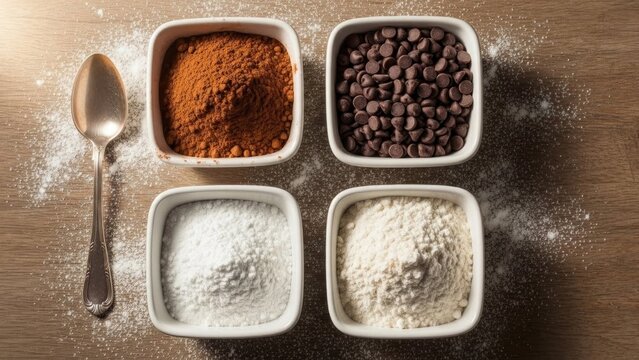 Four square white bowls of baking ingredients on a wooden surface with a spoon