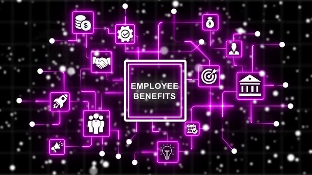 Employee benefits digital network concept with glowing neon and business connectivity for corporate hr and workplace compensation strategy