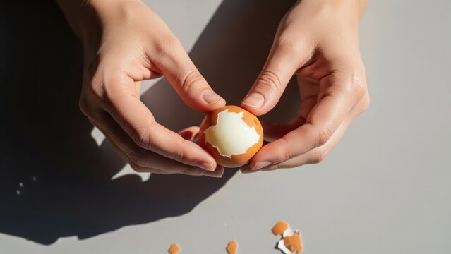 A person cradling an eggshell with visible orange and white fragments