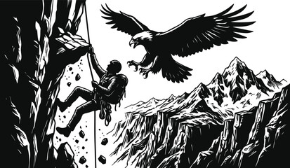 Epic Black and White Vector Illustration of a Rock Climber Scaling a Steep Cliff Face with a Giant Eagle Soaring Nearby, Extreme Mountain Climbing Adventure and High Altitude Challenge © Masum
