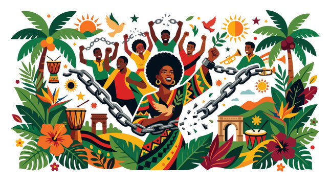 Juneteenth celebration illustration with breaking chains and diverse people. EPS Editable. Vector Illustrations.