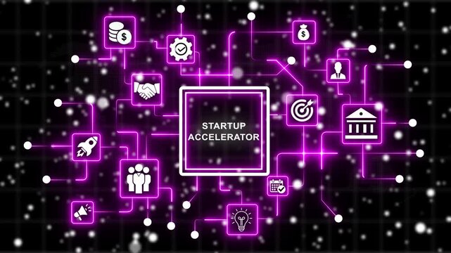 Startup accelerator business concept with glowing neon digital network and growth strategy infographic animation for corporate technology presentations