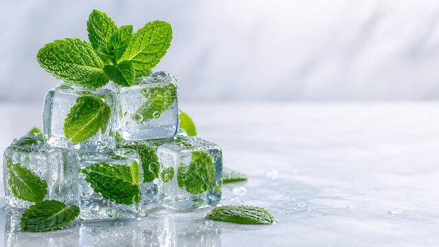 Frische Minzbl&auml;tter in glasklaren Eisw&uuml;rfeln auf hellem Naturstein