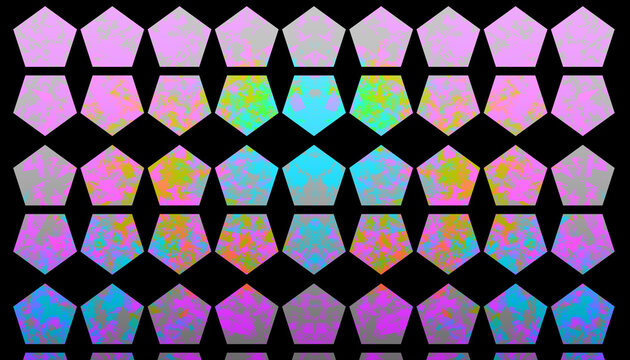 Motif abstrait sans couture aux formes hexagonales et diamants, texture holographique iridescente rose violet jaune et vert sur fond noir, style psych&eacute;d&eacute;lique futuriste id&eacute;al pour fond, packaging et d